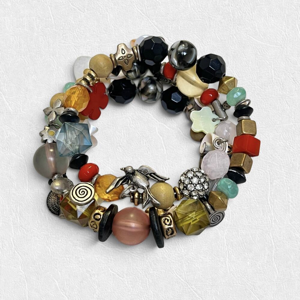 Multi Strand Dangle Charms Coil Bracelet Memory Wire Beaded Wrap Boho Artisan